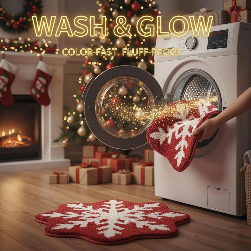REFGY Christmas Bath Rug, 24x24" Red Snowflake Style Bathroom Mat, Extra Soft & Absorbent, Machine Washable Non Slip Shower Mat, Winter Themed Xmas Plush Bathroom Floor Rug for Holiday Décor Snow Bath Rug - Image 5